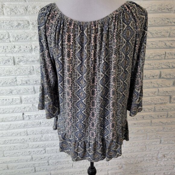 Style Co Womens Top 0X 3/4 Bell Sleeve On Off Shoulder Green Pink GEO29E - Picture 6 of 10